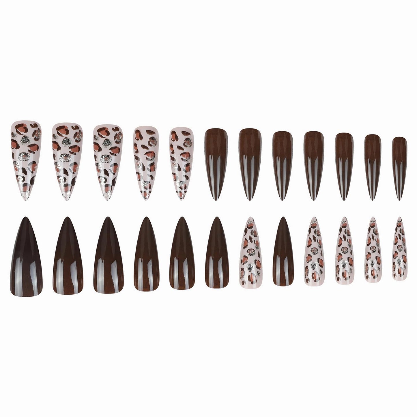 MISUD Press on Nails - Long Stiletto Fake Nails with Brown Leopard, Acrylic Bling Glitter Design 24 pcs