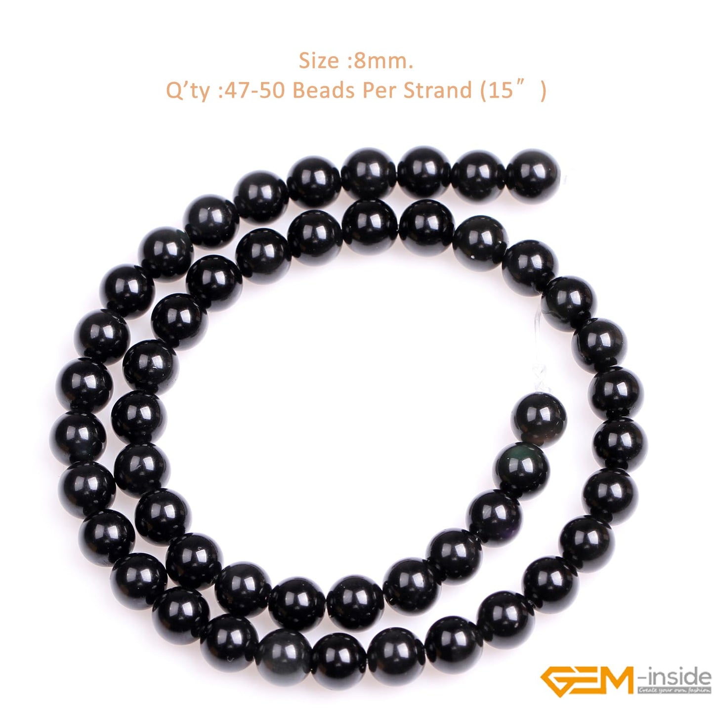 GEM-Inside Natural 8mm Black Obsidian Gemstone Loose Beads Round Energy Power Beads for Jewelry Making 15"