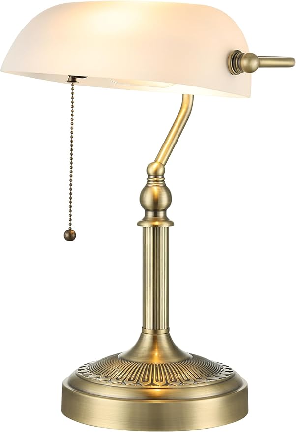 Newrays Traditional Glass Bankers Desk Lamp with Pull Chain Switch Plug in Fixture