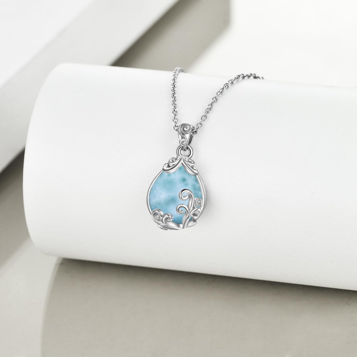 POPLYKE Sterling Silver Larimar Filigree Teardrop Pendant Necklace Gemstone Crystal Jewelry for Women