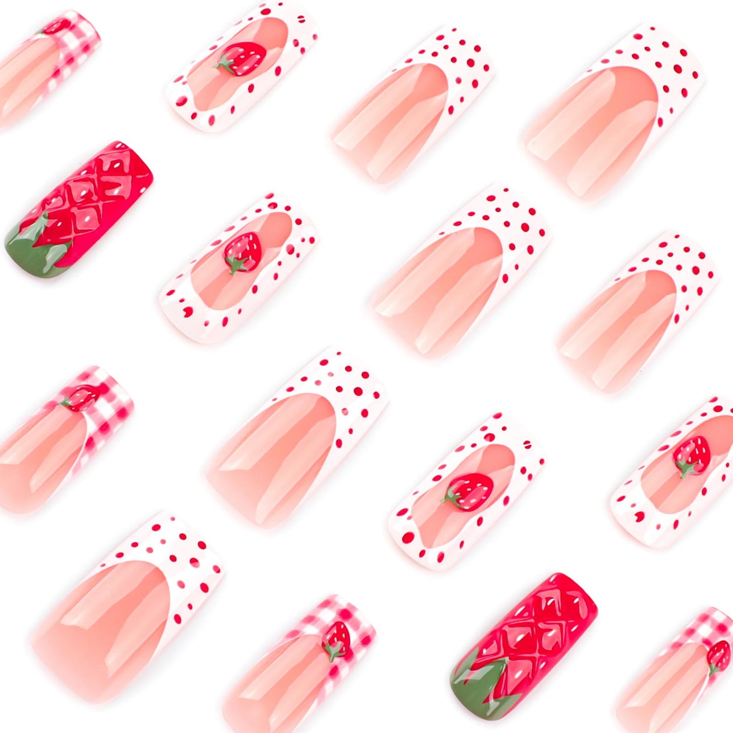 IMRAIN Long Press on Nails Square Fake Nails 3D Red Strawberry Designs Glossy Reusable Acrylic False Nails Full Cover Cute Gel Handmade Glue on Nails