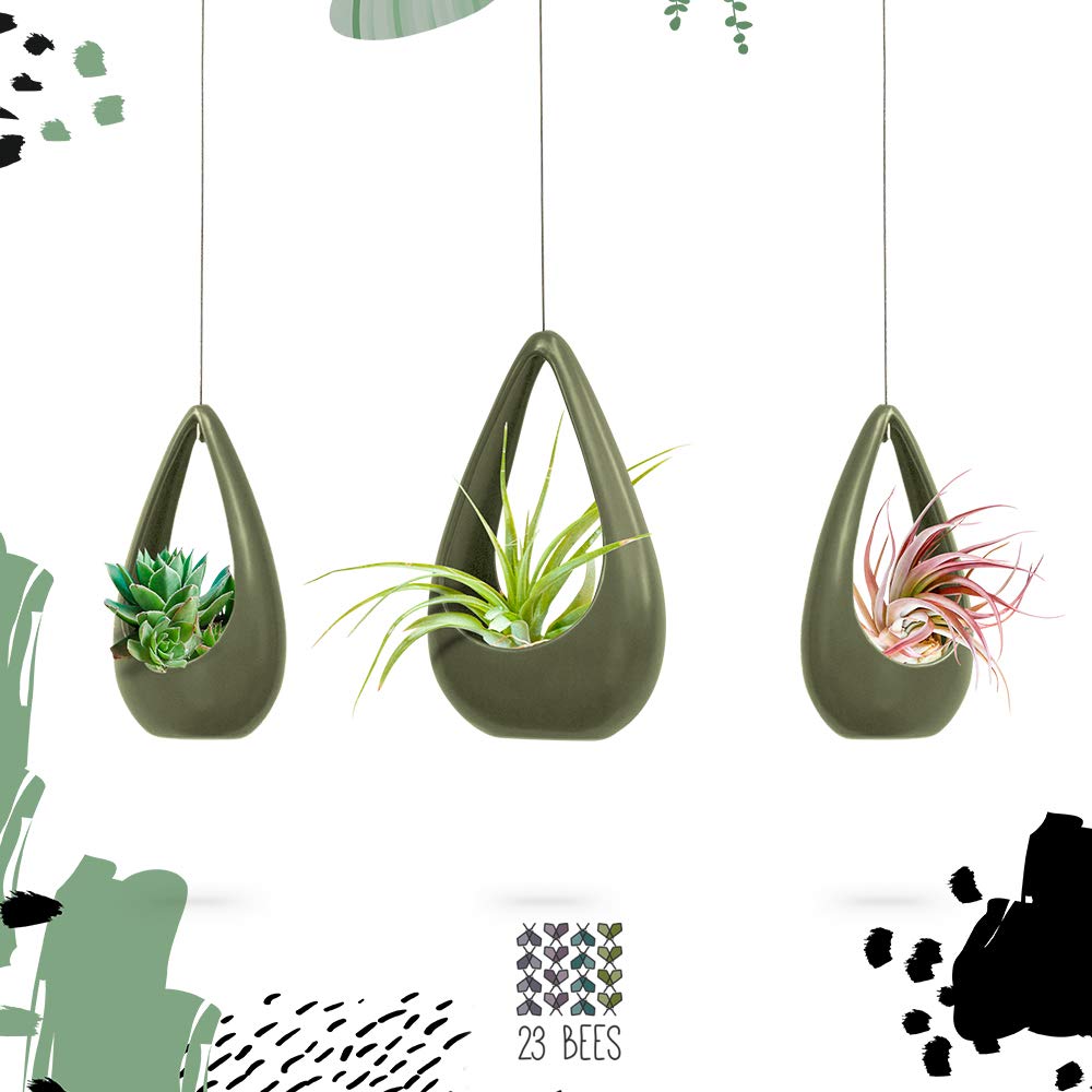 23 Bees, Hanging Air Plant Holder, Green Hanger Ceramic Planter, Small Floating Succulent Pots Container, Cactus Holders with Metal Wire, 3 Pack (3 Pack x Green)