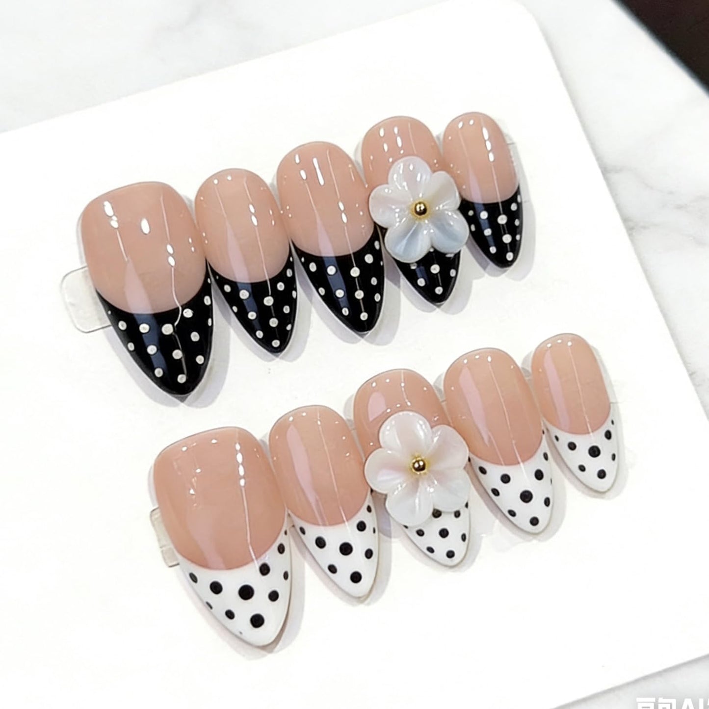Handmade Press on Nails Black and White Polka Dots Medium Almond Fake Nails French Tips, Multi-Layer Gel Acrylic Nails for Women Nail Art Sheer Floral Glow 10 Pcs(S)