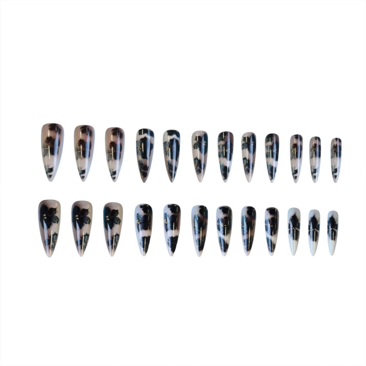 SINHOT Stiletto Press on Nails - Long Fake Nails, Matte Finish, Nude Black Flower & 3D Gold Pearls, Reusable Artificial False Nail Art - 24 Pcs Nail Kit with Glue