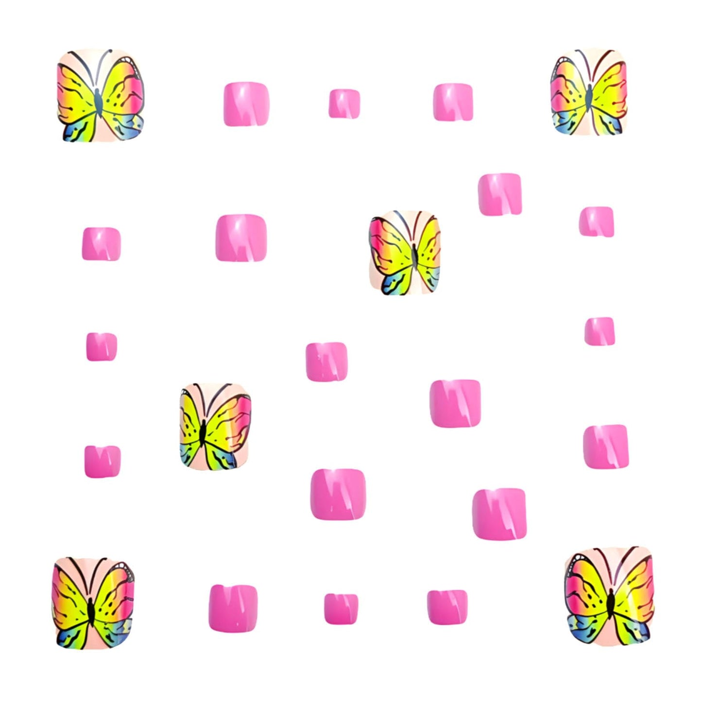 Spring Press on Toenails Pink Fake Toe nails with Yellow Butterfly Design Glossy Short Square Toe nails Press ons Acrylic Stick on Toenails for Women 24Pcs