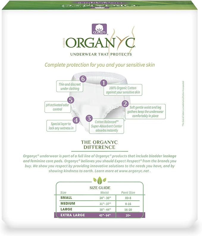Organyc Bladder Control Underwear for Women - Organic Cotton Protective Underwear for Incontinence, Leak Protection, Odor Protection and Sensitive Skin, X-Large, 48 Count