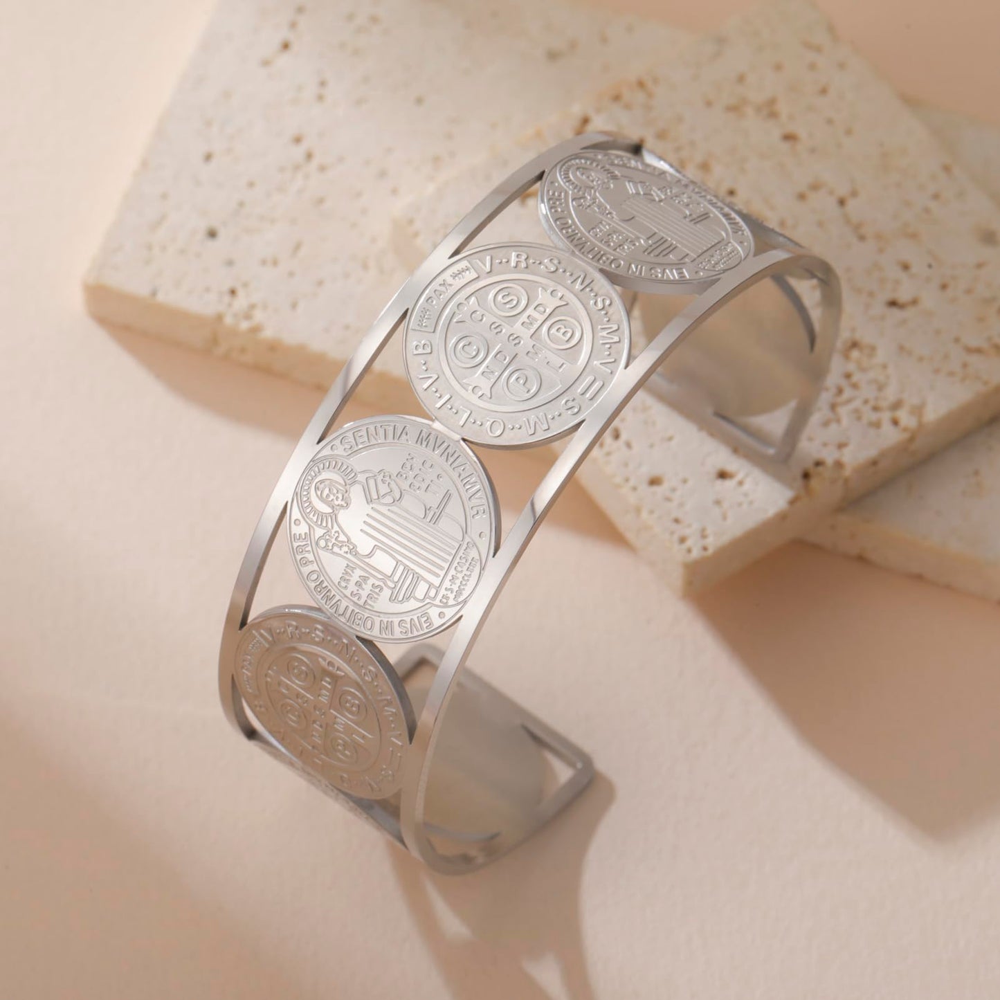Amaxer Adjustable St. Benedict Open Cuff Bangle Bracelet for Women Men Stainless Steel Religious Jewelry 0.88in Wide (silver)