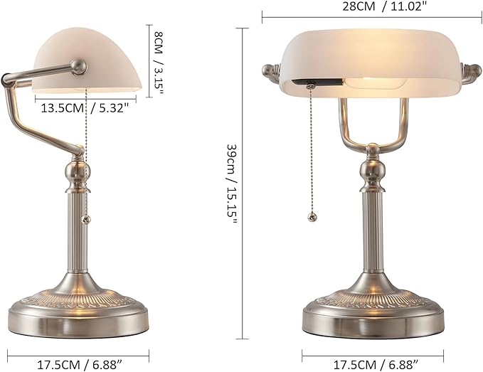 Newrays White Matted Glass Bankers Desk Lamp with Pull Chain Switch Plug in Fixture,Sand Nickel Base