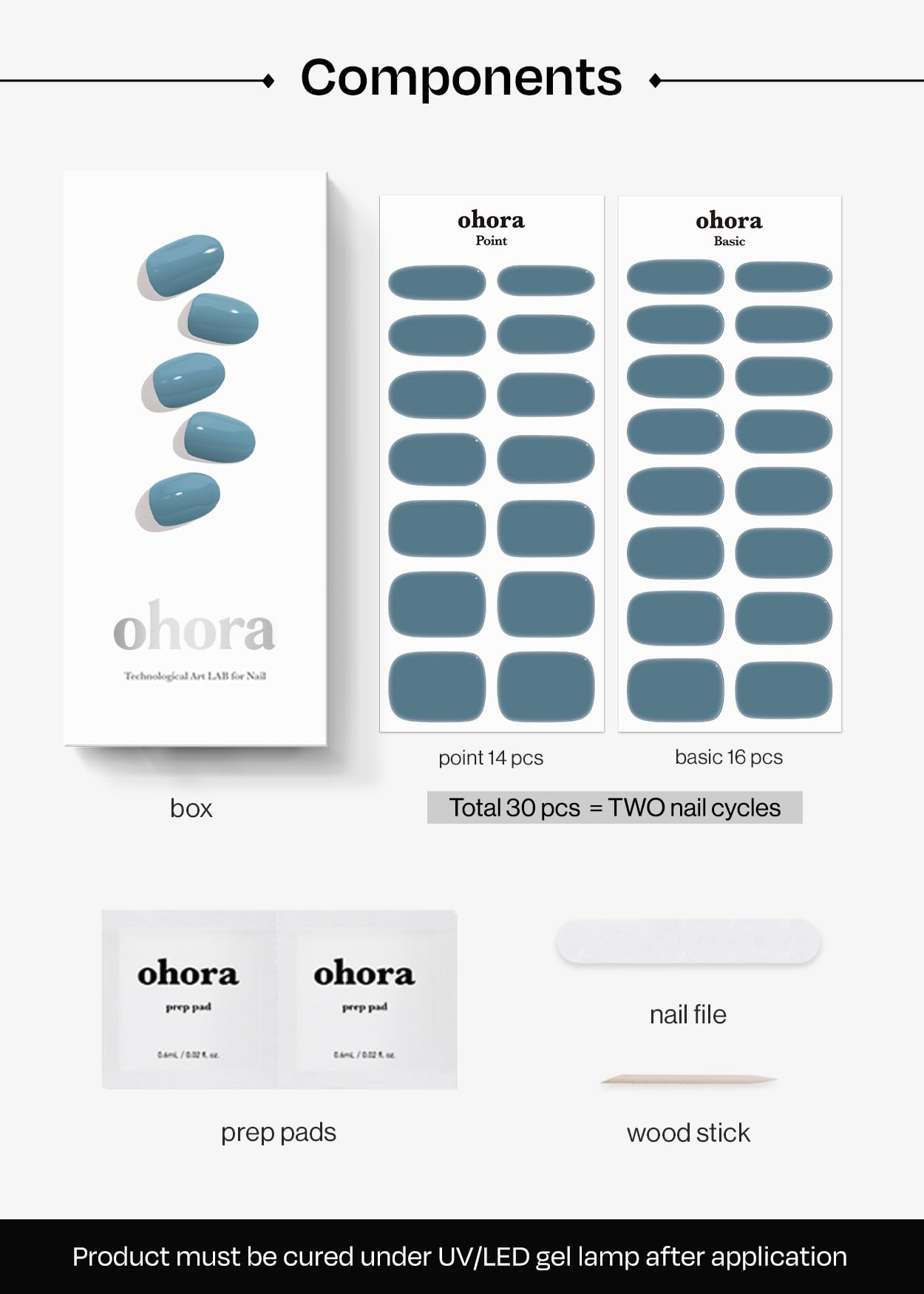 ohora Semi Cured Gel Nail Strips (N Washing Jean) - Blue, Solid, Works with Any UV/LED Lamps, Salon-Quality, Long Lasting, Easy to Apply & Remove - Includes 2 Prep Pads, Nail File & Wooden Stick