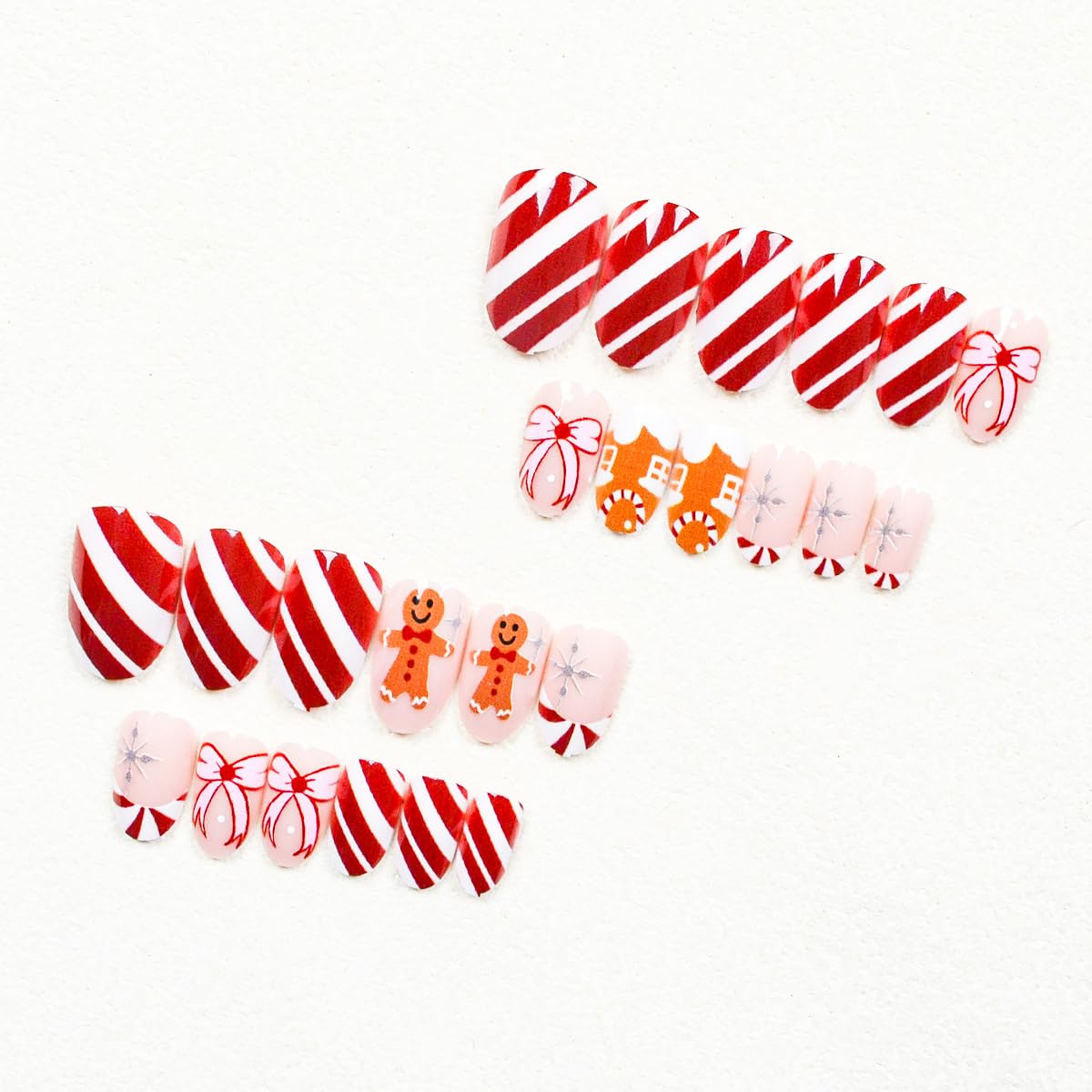 Christmas Gingerbread Man Press on Nails Short Oval Fake Nails with Bow & Stripe Designs Red Whiter Tip Xmas Cute False Nails Winter Holiday Nail Press ons Snowflake Full Cover Glue on Nail 24Pcs