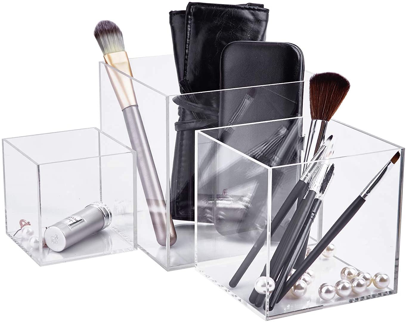 Clisela 3pcs Acrylic Cube Display Stands Box Risers with Hollow Bottoms, Food Risers for Buffet Table, Decorative Display Stand Shelf for Dessert Collectibles Jewelry Figures Show - Clear 3" 4" 5"