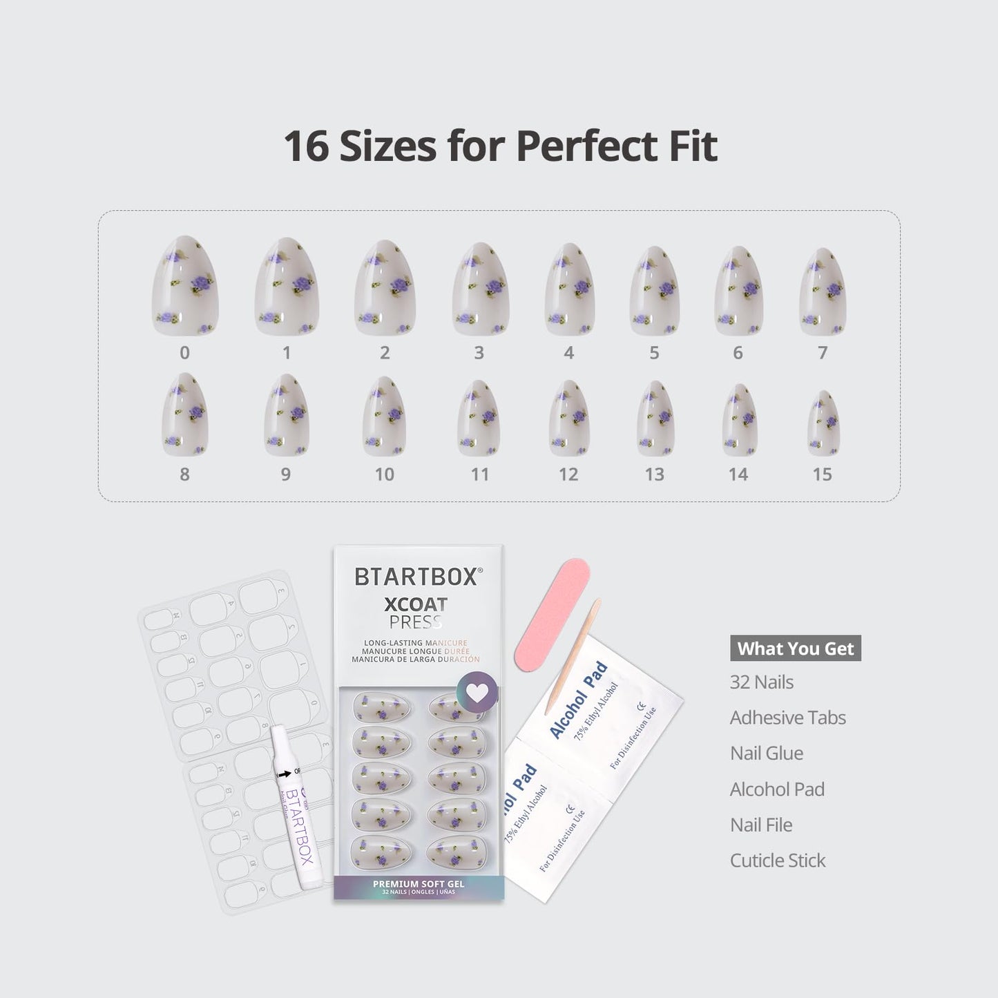 BTArtbox Press On Nails Short - Pathside Lilac, Lamp-Curable 4-Week Wear Flower White Almond Press On Nails with Glue and Adhesive Tabs, Easy-to-Apply in 16 Sizes - 32 Nails All-in-One Kit