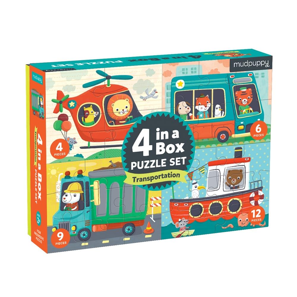 Mudpuppy Transportation 4-in-A-Box Puzzle Set, 12