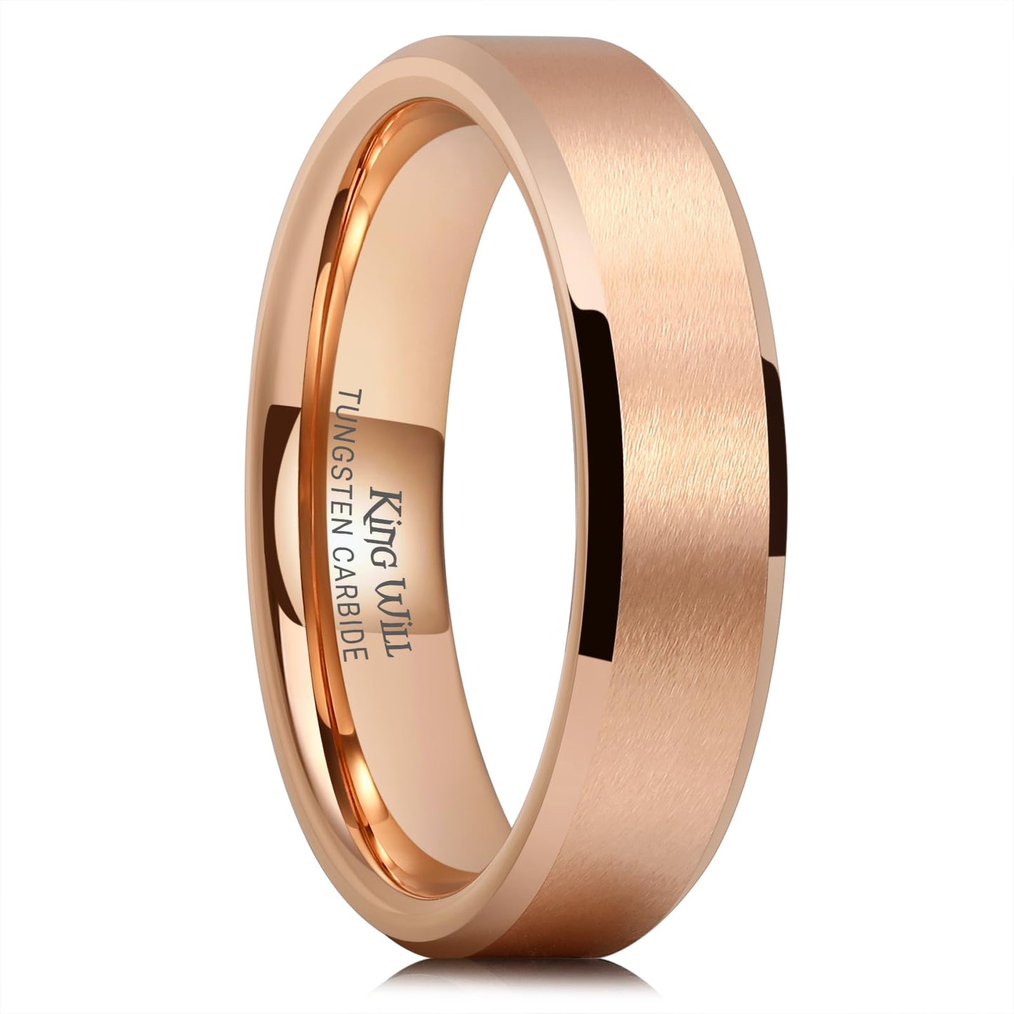 King Will 6mm Men's Rose Gold Wedding Ring – Matte Brushed, Beveled Polished Edge, Comfort Fit, Size 11