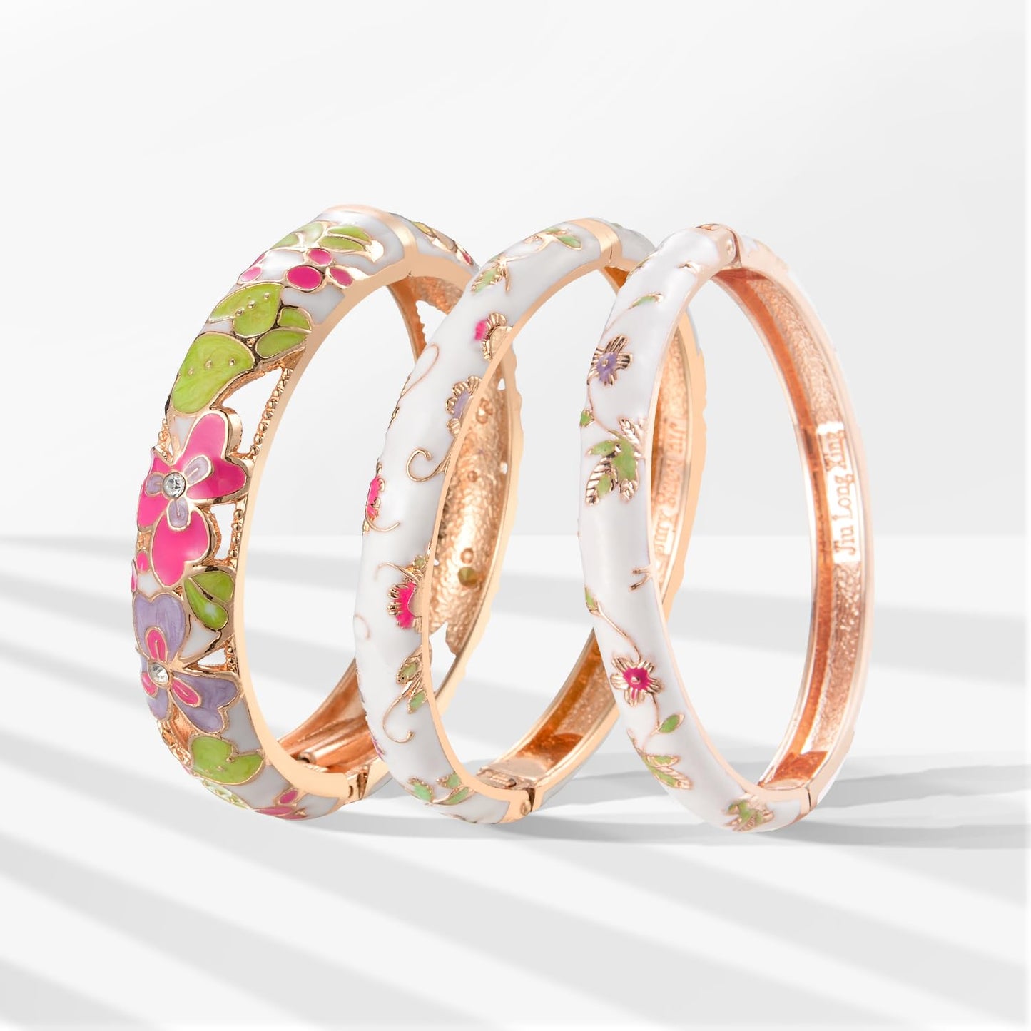 UJOY Vintage Cloisonne Bracelet Beautiful Flower Enamel Hinge Gold Plated Rose Bangles Jewelry for Women's Gifts 88A22 3pcs White