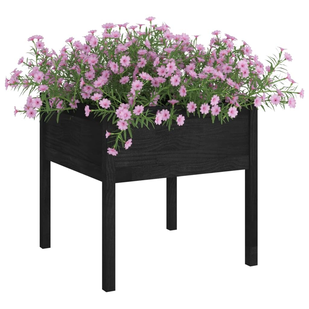 HFXHIJXQ 27.6" Black Square Pinewood Outdoor Garden Planter Box, Matte Solid Wood Raised Bed for Patio Balcony, Robust Wood Planter for Flowers, Vegetables & Herbs