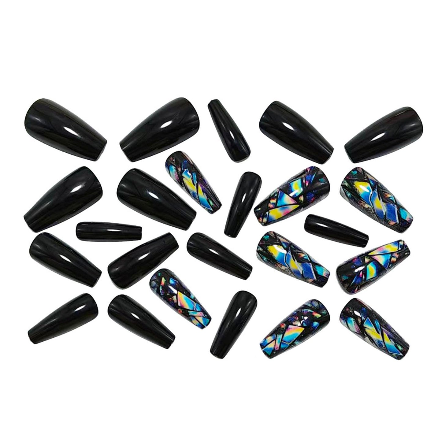 Medium Press on Nails Coffin Fake Nails with Blue Yellow Lines Designs Glossy Nails Press ons Black Full Cover Glue on Nails Acrylic Artificial Stick on Nails for Women 24Pcs