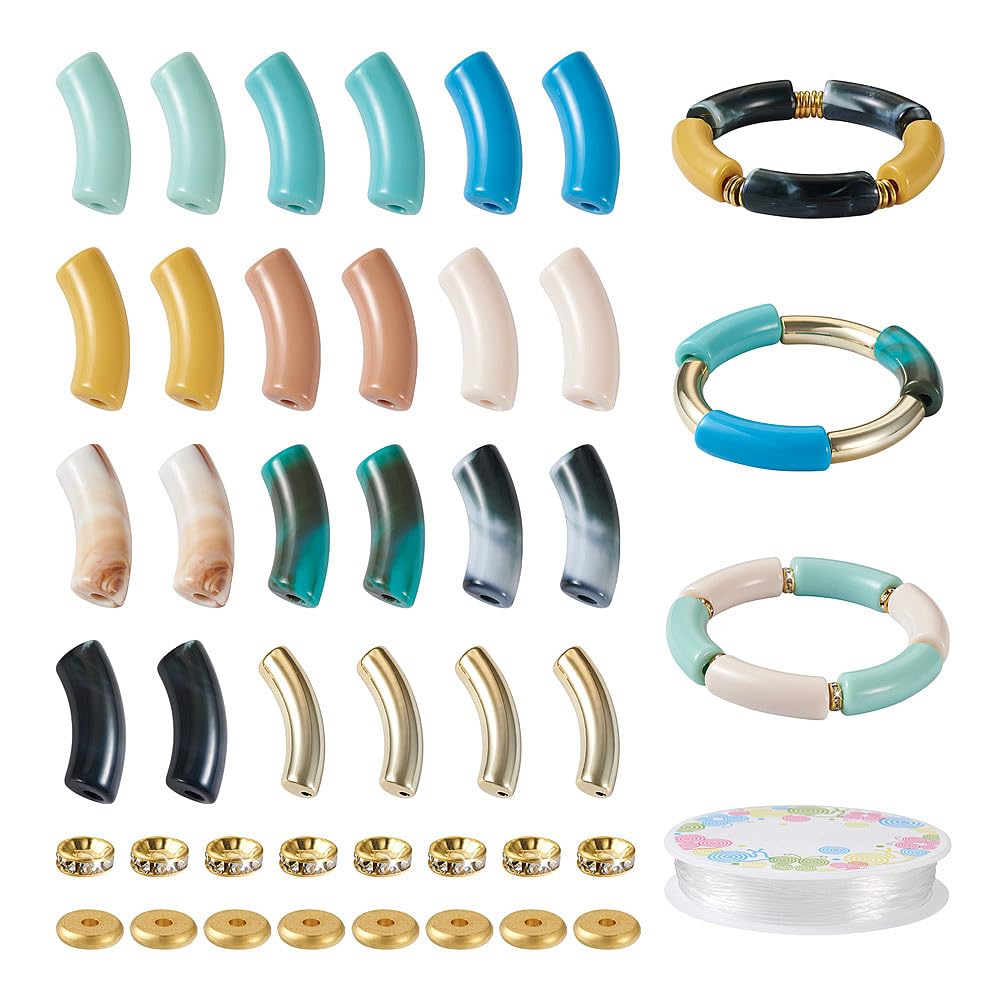 Sparkeads 110PCS Bamboo Tube Bracelet Making Kit for Women Friendship Gift Stacking Bangles Chunky Curved Acrylic Beads Rhinestone Beads Metal Spacers Elastic Thread