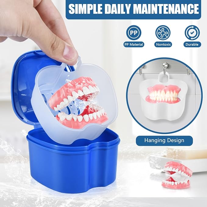 3 Pack Colors Denture Bath Case Cup Box Holder Storage Soak Container with Strainer Basket for Travel Cleaning (White, Blue, Light Blue)