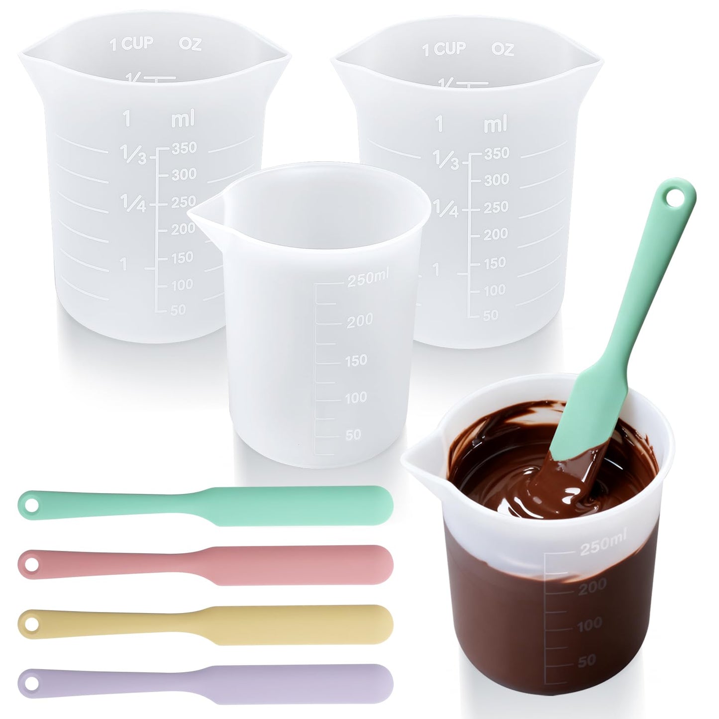 Palksky Silicone Chocolate Melting Cup Set with 4 Silicone Measuring Cups (250ml & 350ml) and 4PCS Heat-Resistant Jar Spatulas, Non-Stick Baking Tools for DIY Chocolate, Butter & Cream Mixing