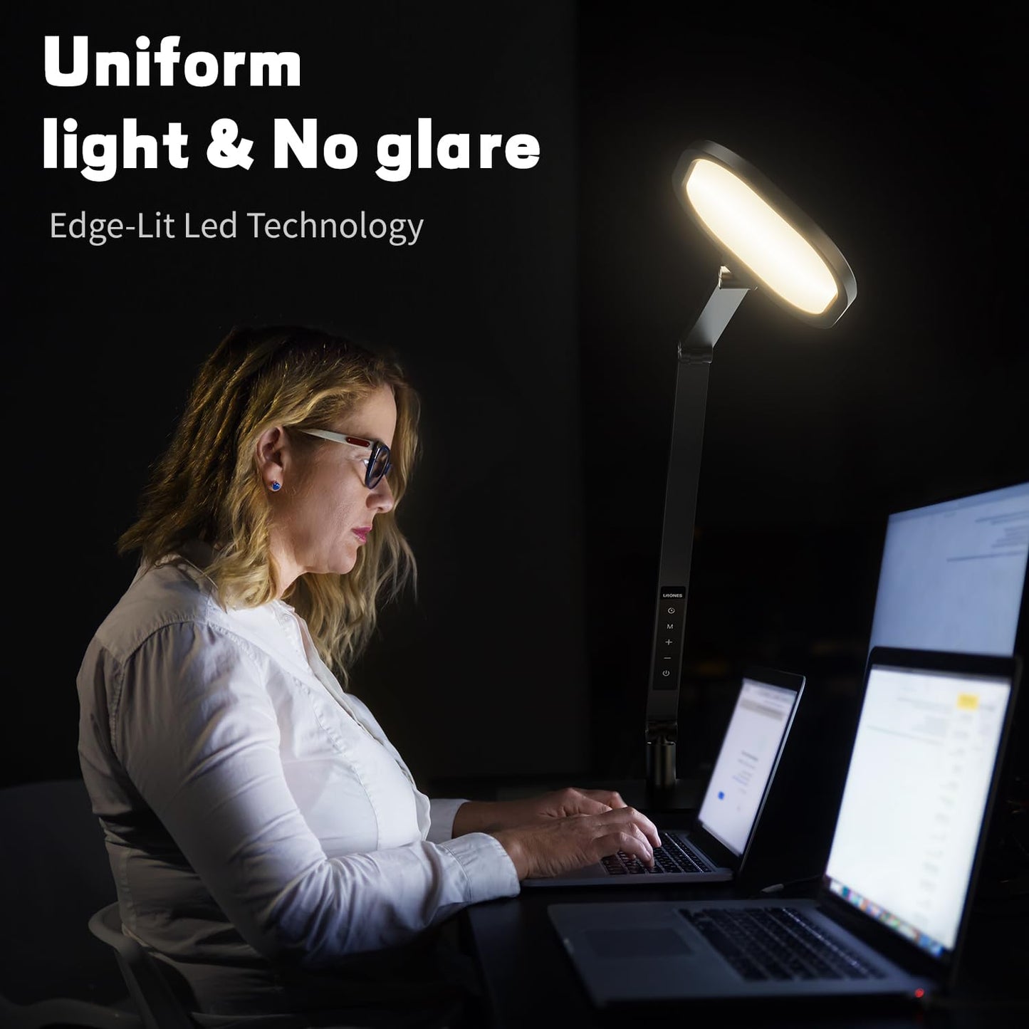 LitONES LED Desk Lamp for Home Office, Professional Eye-Caring Diffused Desk Light, 3 Color 10 Brightness Computer Light, Dimmable Office Lamp with Memory & Timer Func, Metal Swing Arm Table Lamp