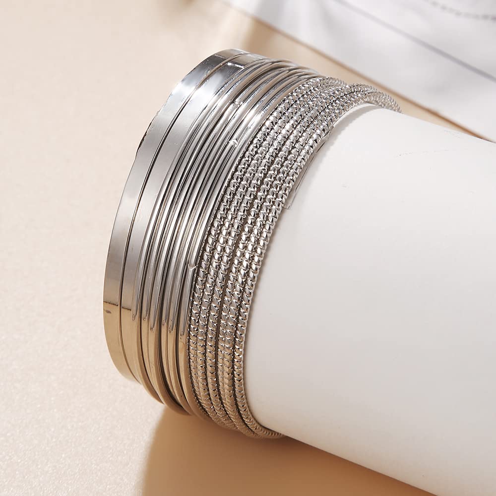 RINTOLER 14Pcs Silver Bangle Bracelets Set for Women - Multi Layer Stackable Textured Bracelets Boho Jewelrys for Women.