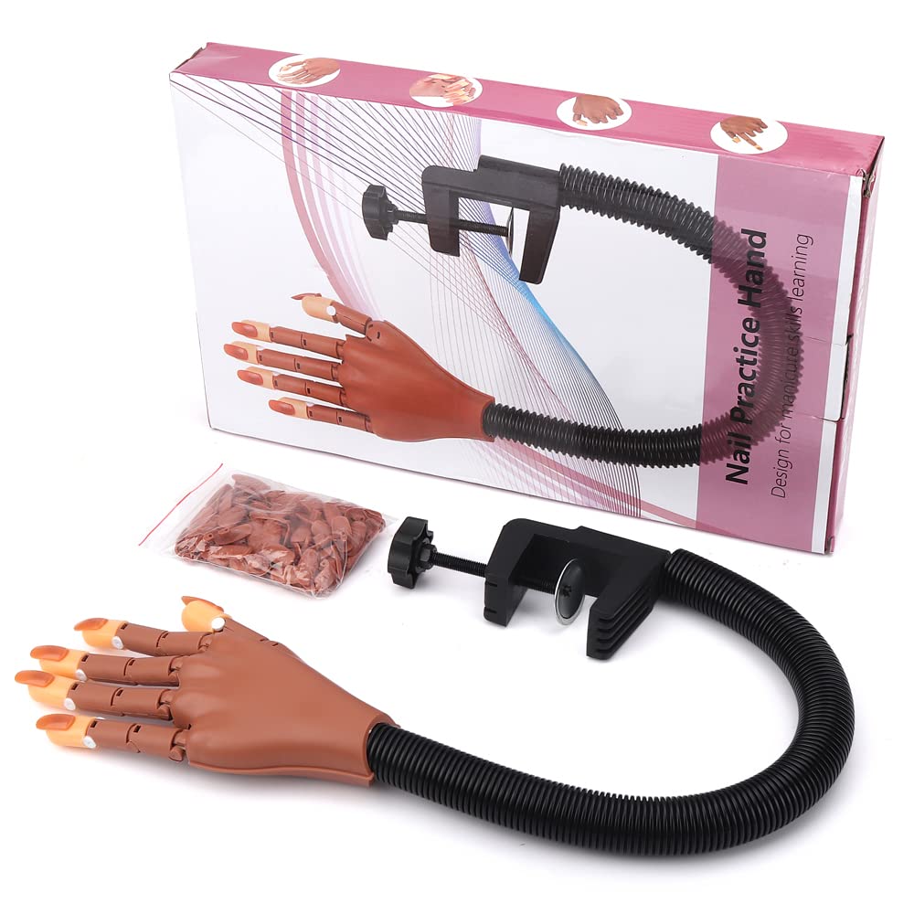 LIONVISON Practice Hand for Acrylic Nails - Flexible Movable Practice Nail Hand with 100 Pcs Refill Nail Tips