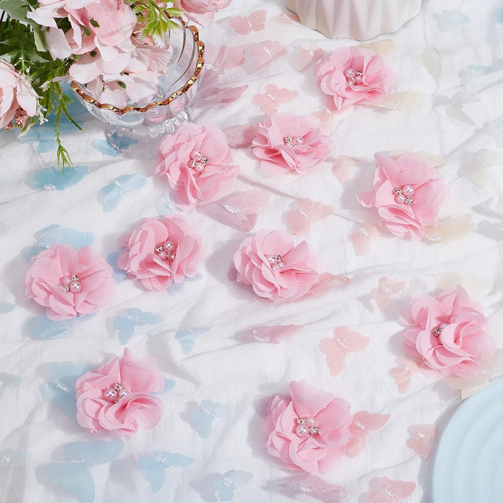 SOFPLATE 1 Box 30Pcs Pink Chiffon Flower Artificial Fabric Flower Appliques Pearl Rhinestone Felt Back Sewing Appliques for Clothes Hair Accessories Embellishments Wedding Decor DIY Craft Projects