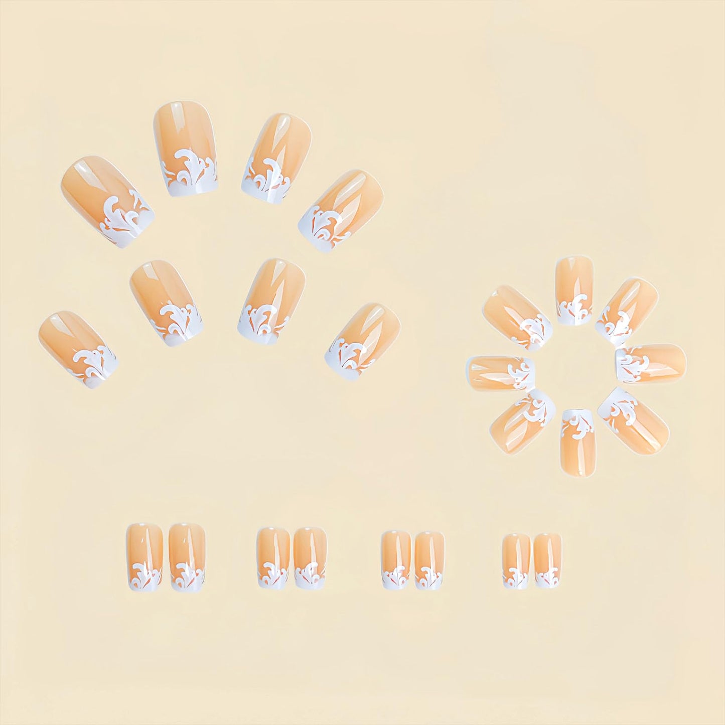 Medium Press on Nails Square Fake Nails with White Flower Designs Glossy Nails Press ons Nude Glue on Nails Cute Acrylic Nails Artificial Stick on Nails for Women 24Pcs