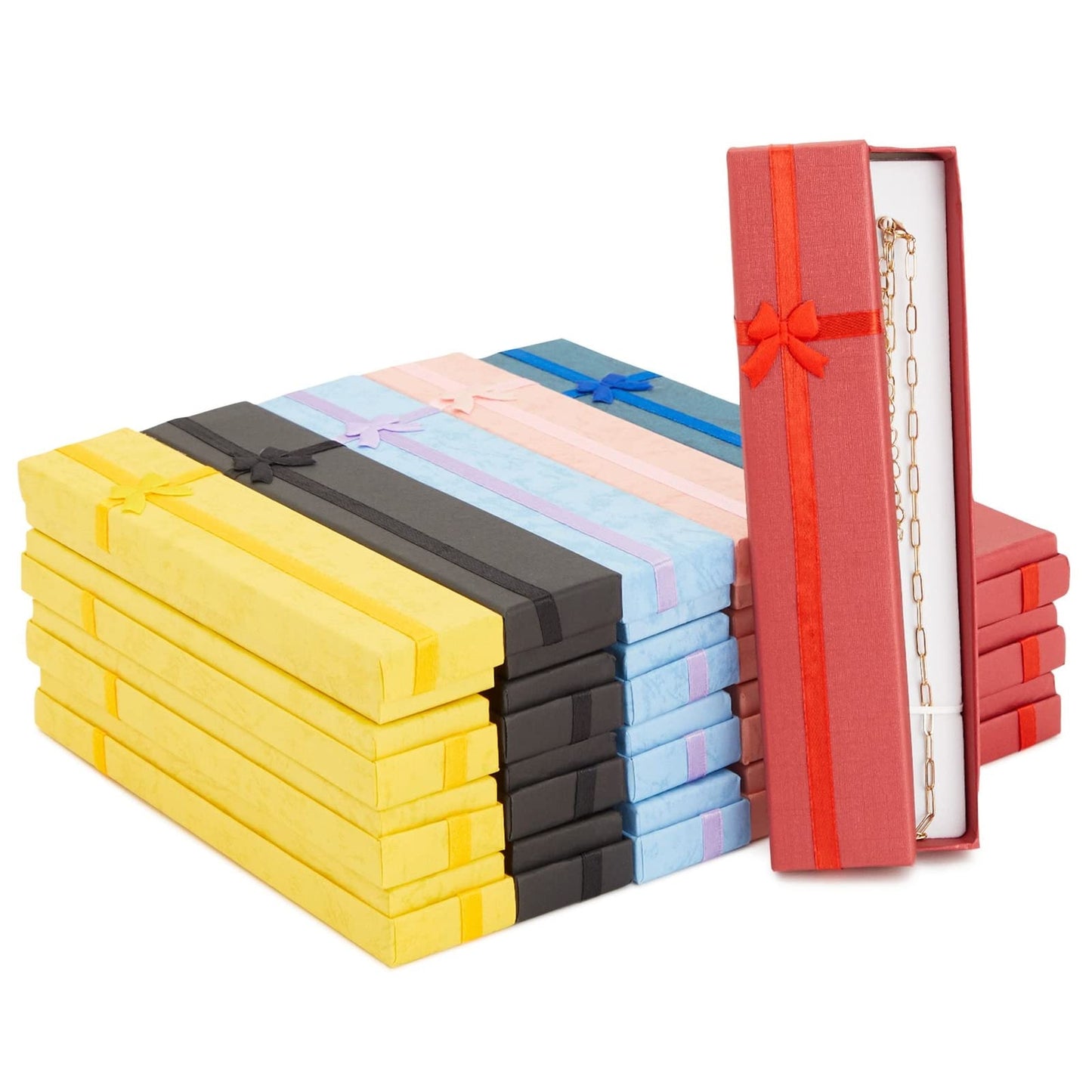 Juvale Necklace Boxes for Jewelry Gift - 24 Pack, 6 Colors, 7.9 x 1.6 In - Jewelry Gift Boxes with Foam Inserts & Ribbon Knot