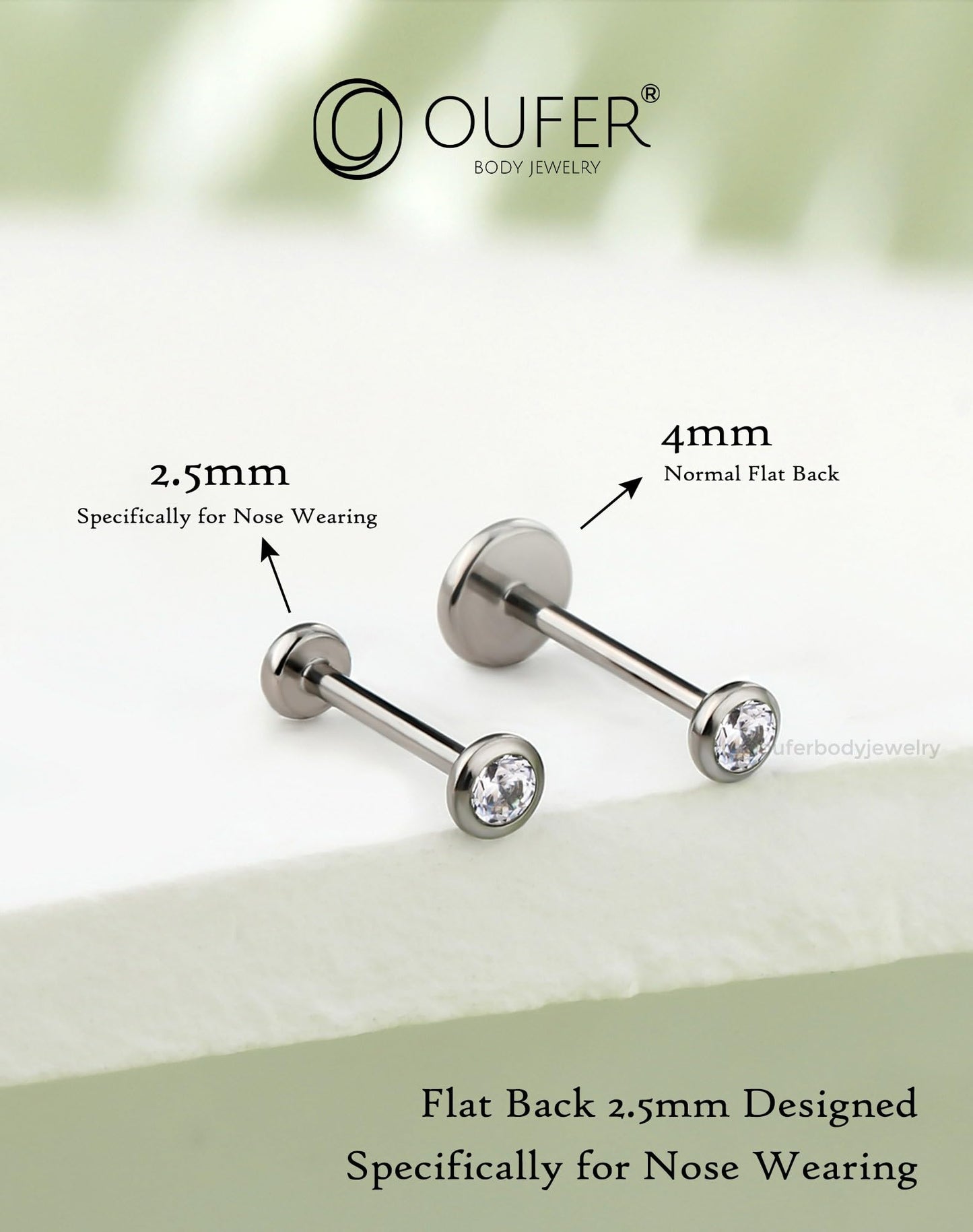 OUFER 2Pcs AB Nose Studs, 20G G23 Solid Titanium Threadless Nose Studs 2.5MM Flat Back Tiny CZ 2.5MM Nose Nostril Piercing Jewelry-7MM