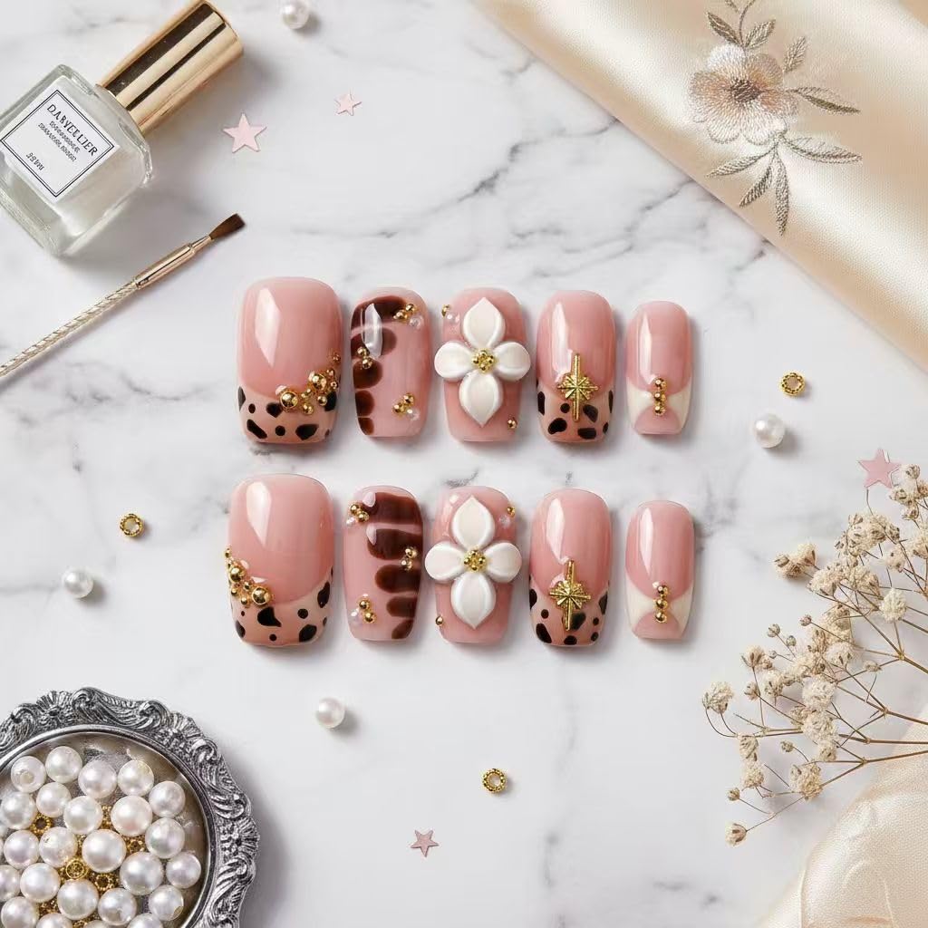 MikaJayboo Handmade Press n Nails Medium Square Nude Pink Leopard Print Fake Nails with 3D Flower Gold Bead for Women Glue on Nails for Daily Party 10Pcs(Size M)