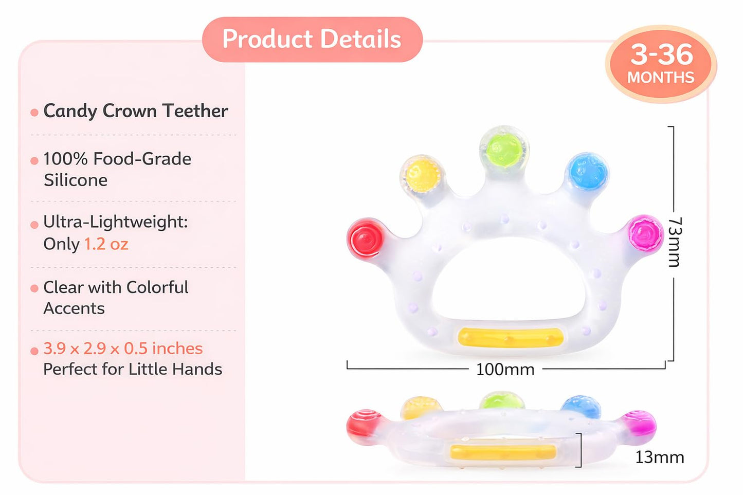 GiliGums Candy Crown Cooling Teether for Babies 3-36 Months — 100% Food Grade Silicone Hand-Shaped Baby Teething Toy | 6 Textured Surfaces, Fridge-Cool Gum Relief | BPA-Free Sensory Teether