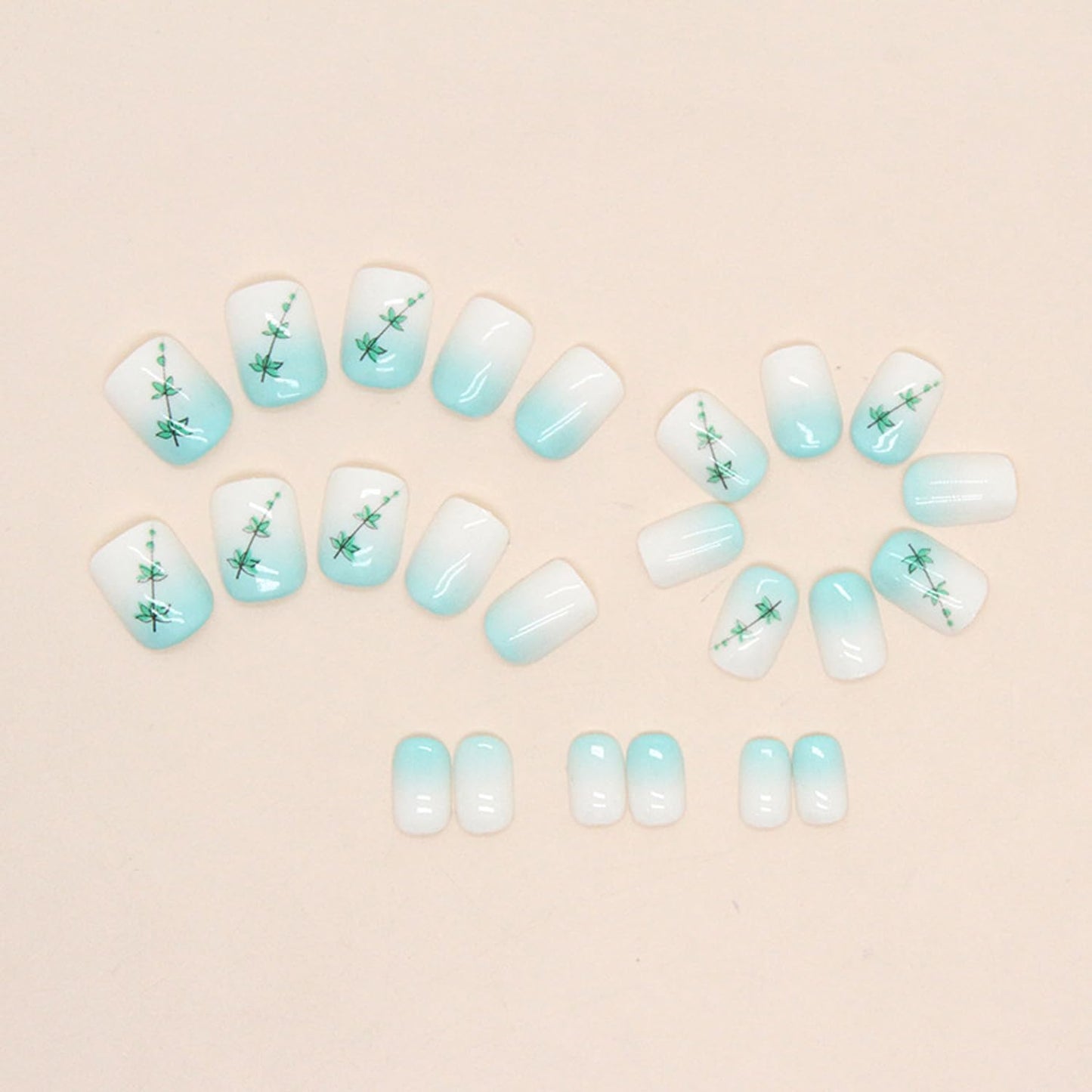 Ombre Press on Nails Short Square Fake Nails Green Gradient False Nails With Leaves Designs Full Cover Glue on Nails Coffin Acrylic Artificial Nails Stick on Nails for Women Nail Art Decorations 24Pcs