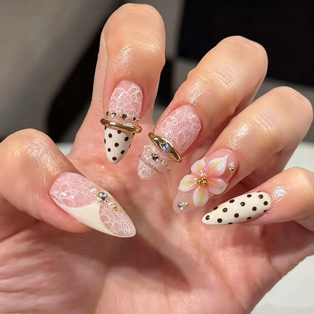 Medium Almond Press on Nails 3D Flower Fake Nails with Lace, Gold Rings Charms Polka Dot False Nails Press ons Full Cover Glossy Stick on Nails for Women Manicure Kit 24Pcs