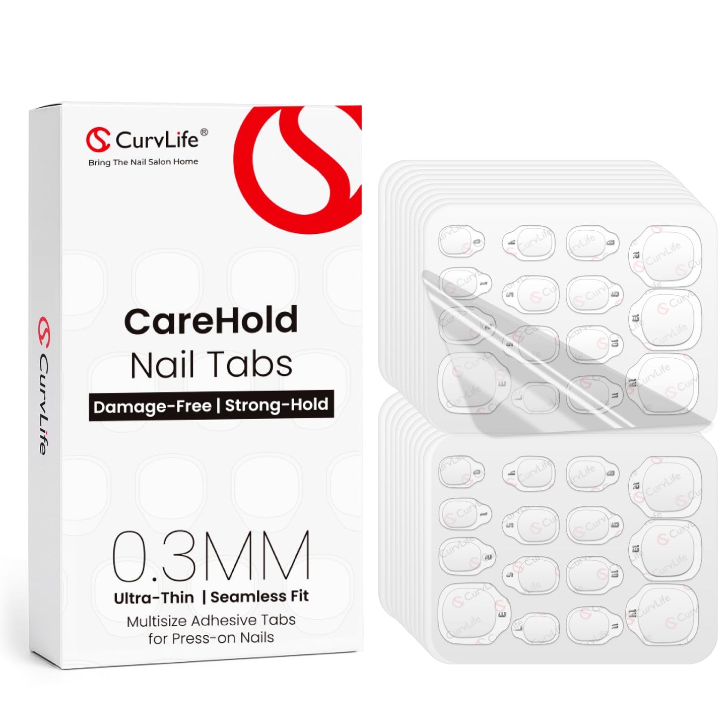 Curvlife CareHold Pro Nail Adhesive Tabs for Press On Nails – 10 Sheets, 15 Sizes Extra Wide 0.3mm Ultra Thin Double Sided Sticky Tabs, Clear Nail Stick Ons for Daily Wear and Gentle Removal