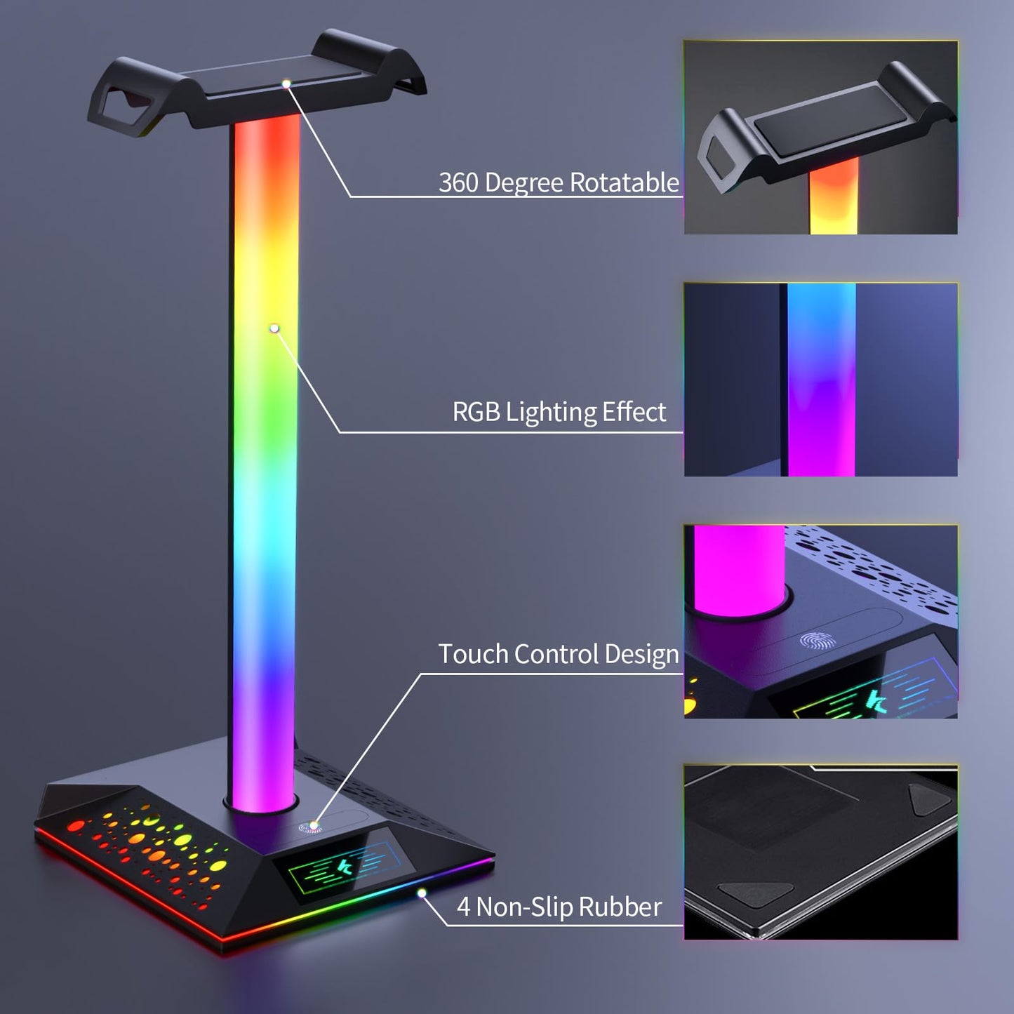 Xergur Gaming Headphone Stand PC Accessories - RGB Headset Stand with 2 USB Charger, Cool LED Headphone Holder PC Gaming Accessories for Boys Men Gamers, Computer Game Hardware for Desk