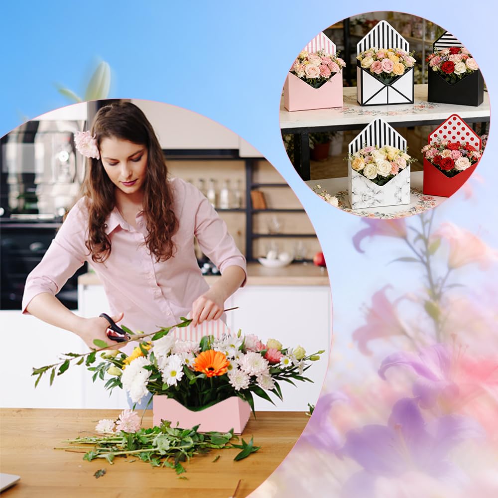 5 Pcs Flower Envelope Box, Florist Bouquet Envelope Boxes Folding Mother's Day Envelope Flower Boxes Paper Flower Bouquet Boxes for Arrangements Wedding Birthday Graduation Florists Supplies, 5 Styles