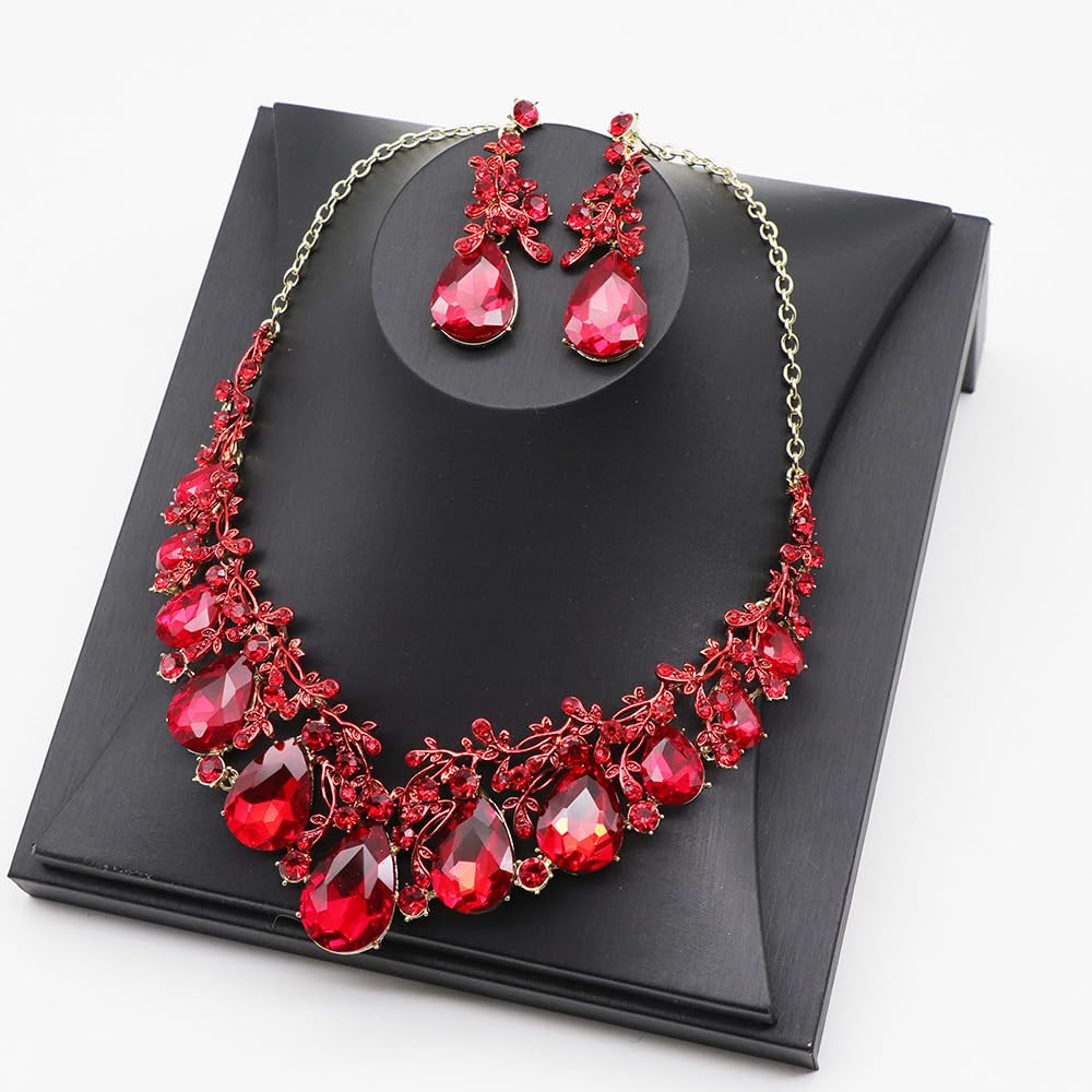 Qlavoca Vintage Crystal Teardrop Necklace Earrings Set - Gothic Statement Jewelry for Wedding Bridal Prom Party(Red-Gold Tone)