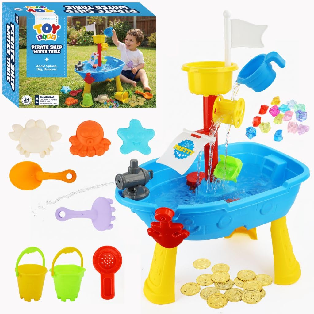 TOY Life Pirate Ship Water Table Set with 13 Gold Coins, 10 Gems, 6 Molds, 3 Shovels and Cup, Sand and Water Play Table for Kids, Indoor and Outdoor Use