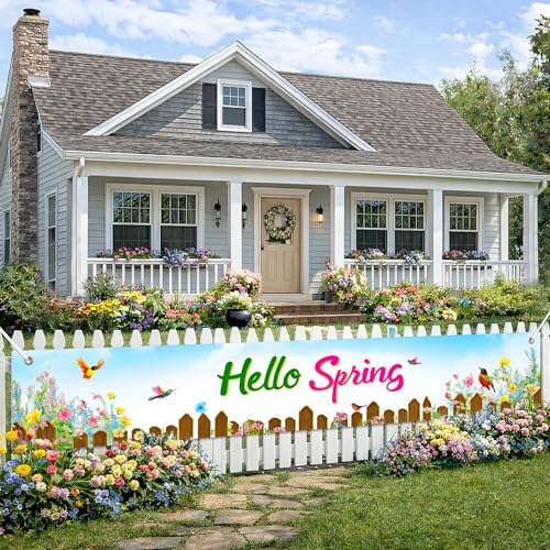 BlissYard Hello Spring Banner 118x20 Inches Outdoor Garden Yard Decoration Front Door Garden Patio Fence Wall Photo Backdrop Spring Outdoor Party Decoration Seasonal Garden Sign Backdrop - color: Spring Decorations Banner #004, size: 118x20 Inch