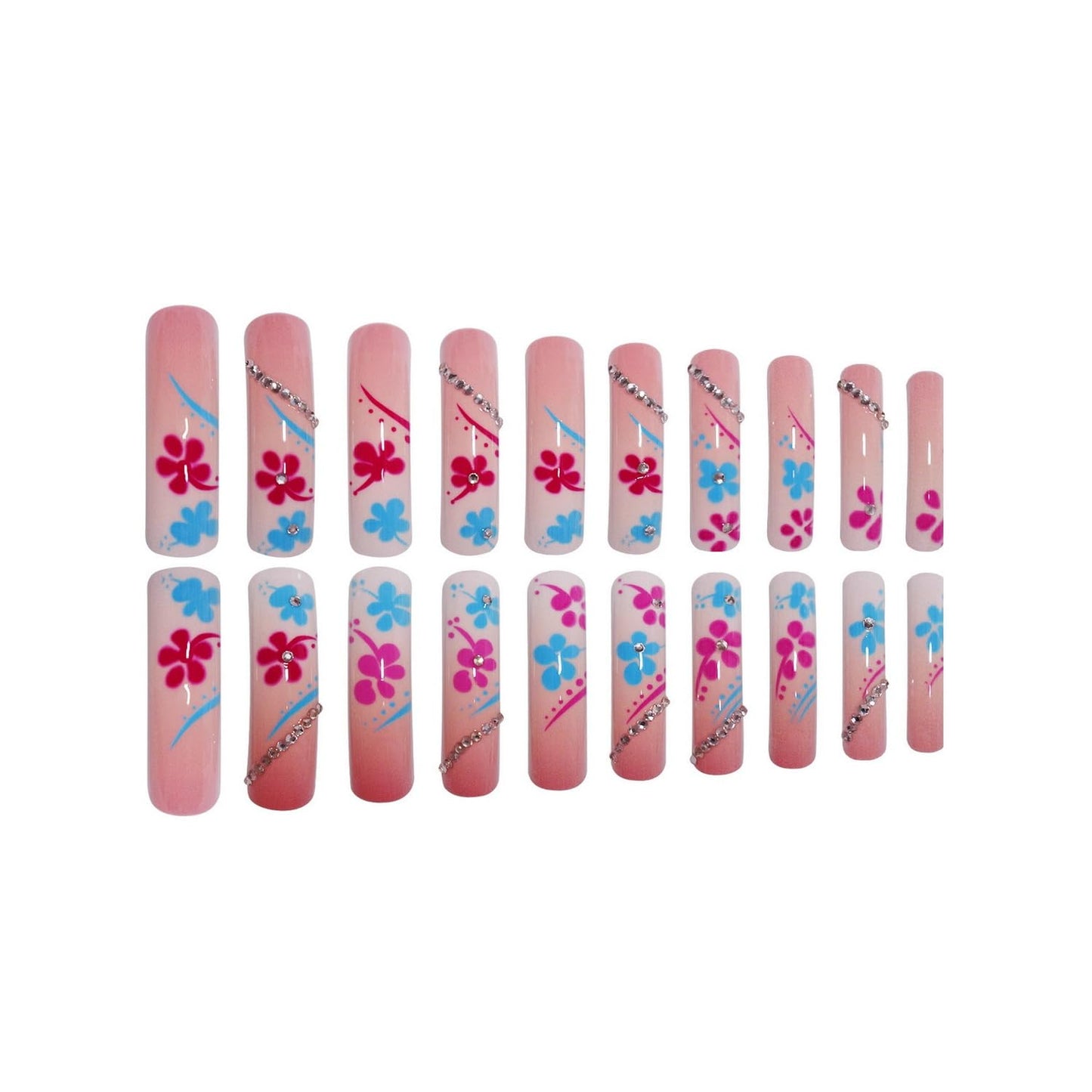 Curved Press on Nail Flower Fake Nails Extra Long Square Press ones Pink White Gradient with Rhinestones desigsn Blue Pink Floral Glue on Nails Glossy Acrylic Full Cover False Nails for Women24pcs