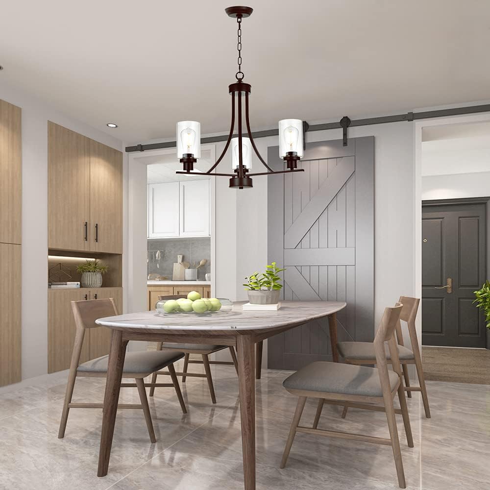 BONLICHT 3 Lights Oil-Rubbed Bronze Traditional Chandelier Rustic Kitchen Island Lighting Fixtures Hanging Clear Glass Cylinder Pendant Lights Classic Ceiling Light for Dining Room Bedroom Foyer