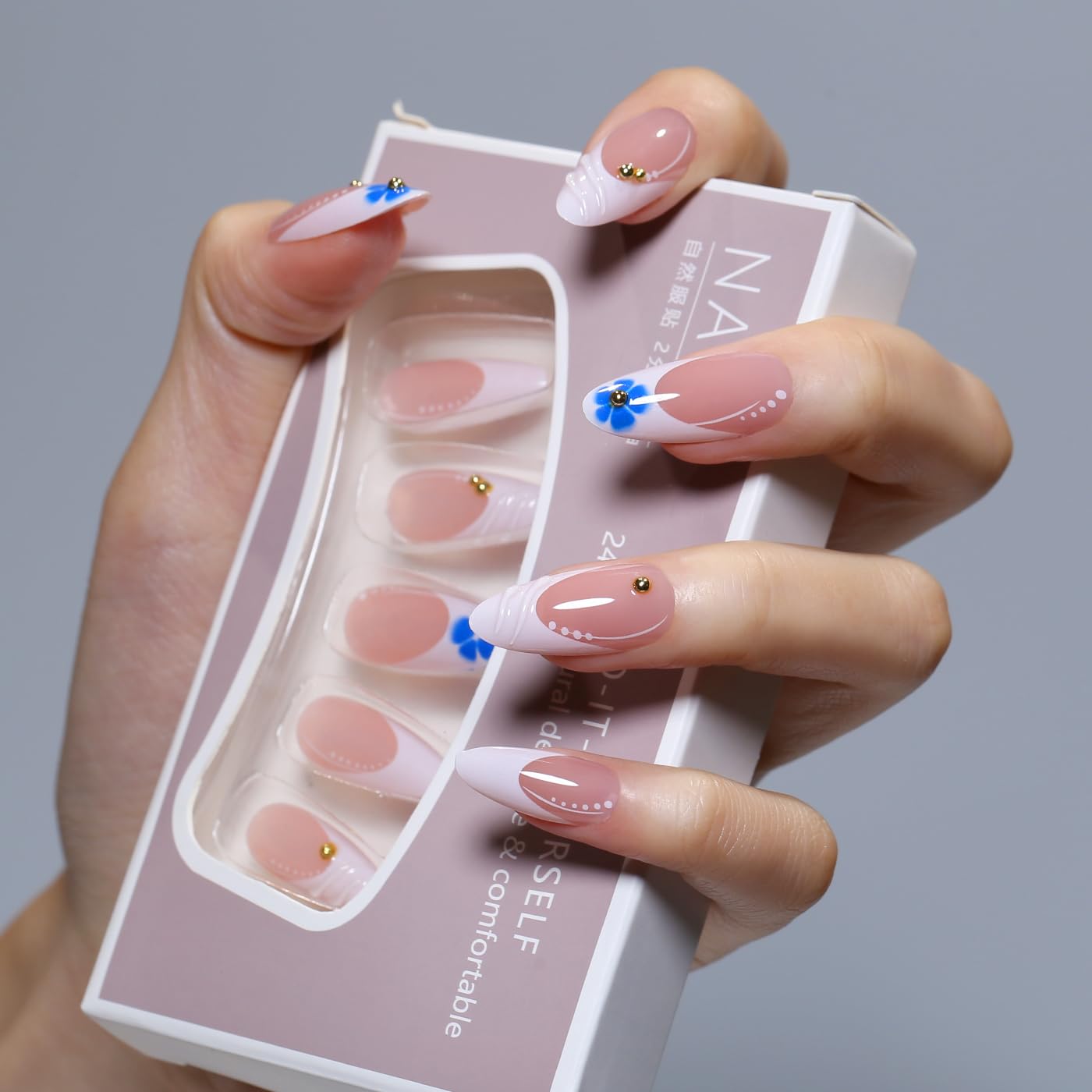 Goolich White French Tip Press On Nails Medium Almond, Sheer Pink with Bead Nails Press ons Set with Adhesive Tabs, 24 Pcs 12 Size Reusable Full Cover Glue on Nails for Women