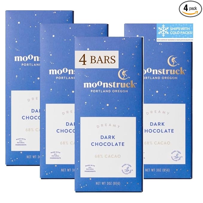 Moonstruck Chocolate Dark Chocolate Bar, 68% Cacao, 3.0oz (Pack of 4)