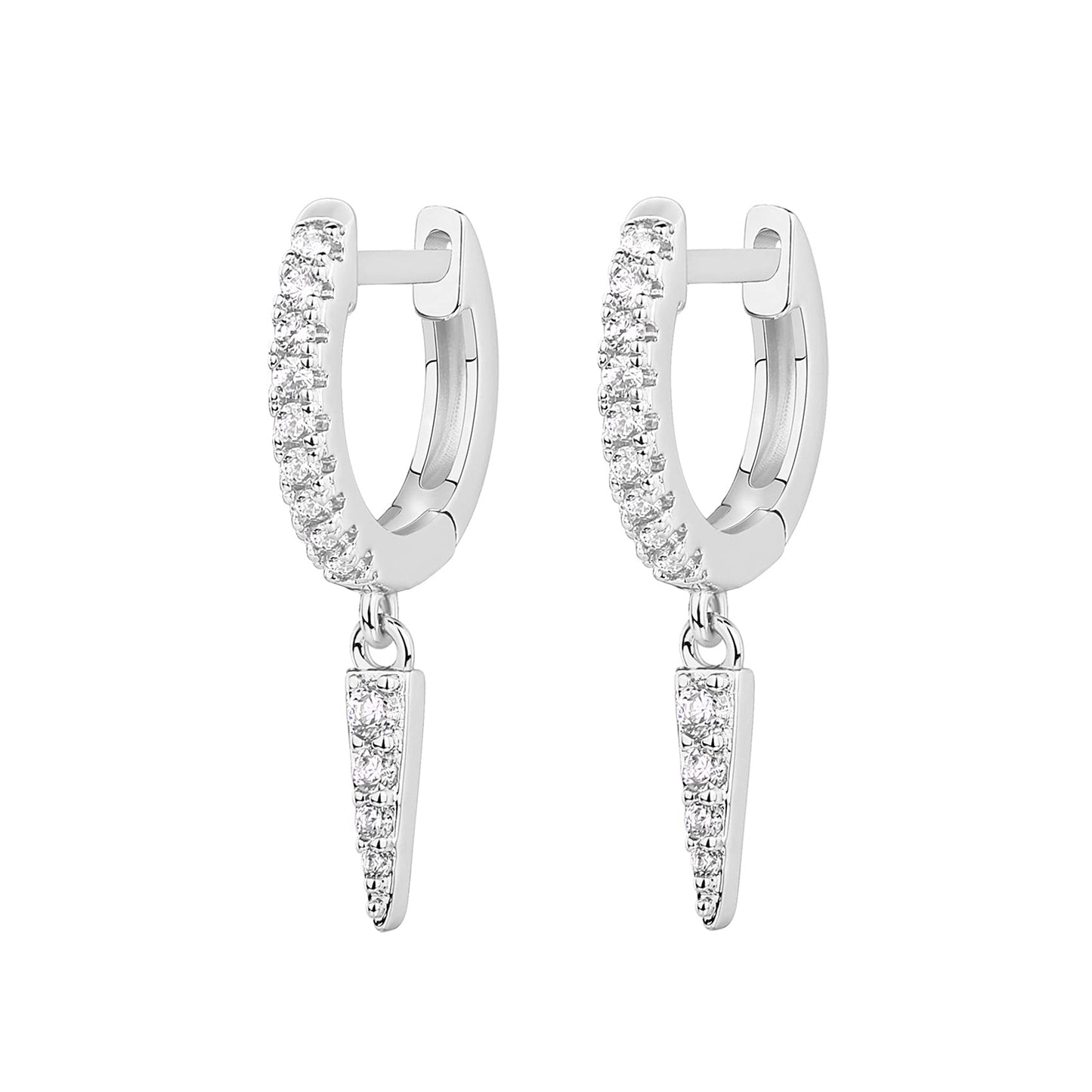 PAVOI 14K White Gold Plated S925 Sterling Silver Post Drop/Dangle Huggie Earrings for Women | Dainty CZ Awl Earrings