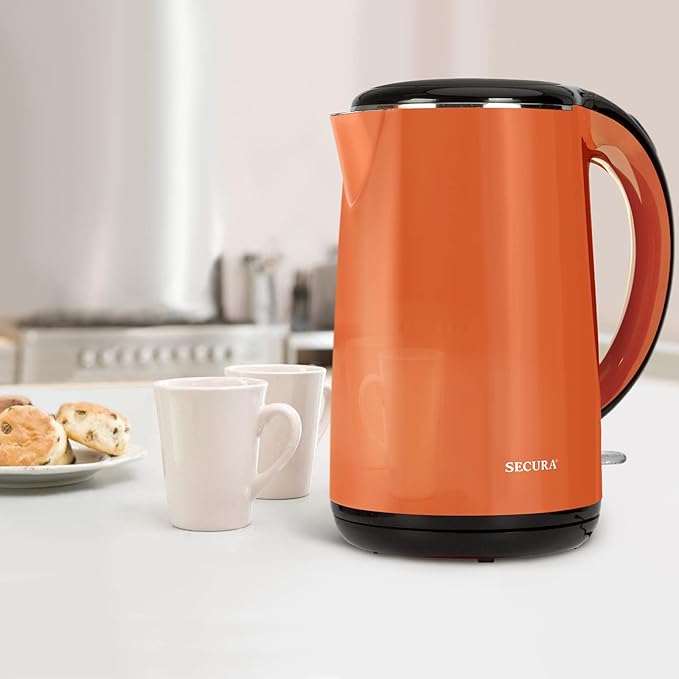 Secura Original Stainless Steel Double Wall Electric Water Kettle 1.8 Quart with Auto Shut-Off & Boil-Dry Protection, Orange SWK-1701DO/HB-3227B