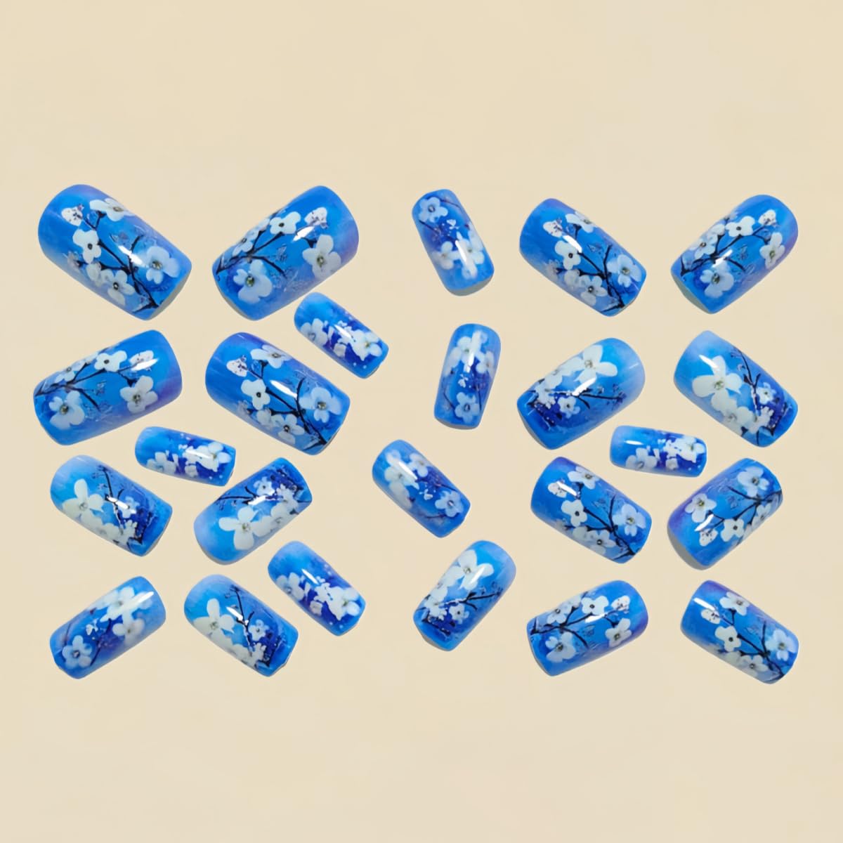 Blue Gradient Press on Nails with White Cherry Blossom Design Medium Square Reusable Floral Fake Nails Art, Full Cover Gel Manicure Tips for Women, Easy Application False Nails for Party/Everyday24PCS