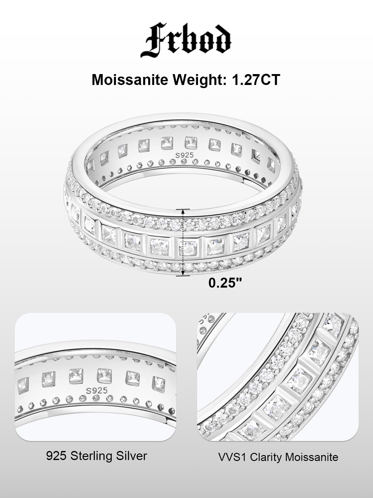 Frbod Moissanite Eternity Ring for Women Princess Cut Diamond Band 3 Row Channel Set Moissanite Rings Size 5