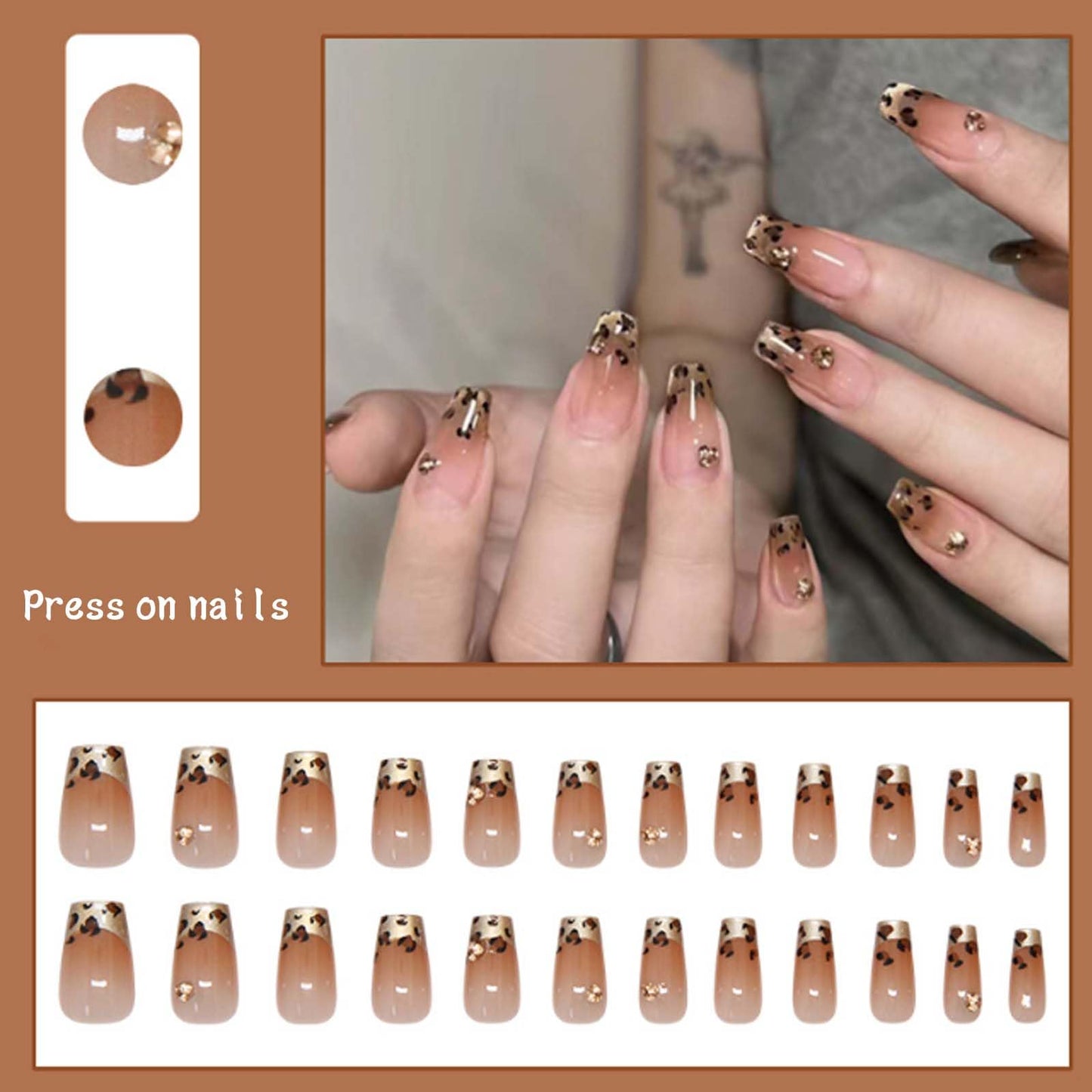 Hkanlre Medium Coffin French Press on Nails Bling Fake Nails Tips Full Cover Rhinestones False Nails for Women 24PCS